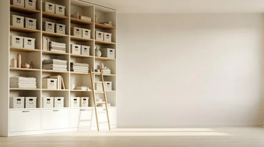 Salon con pared de armarios y estanterias que llegan hasta el techo, aprovechando el espacio vertical sin ocupar mas superficie de suelo