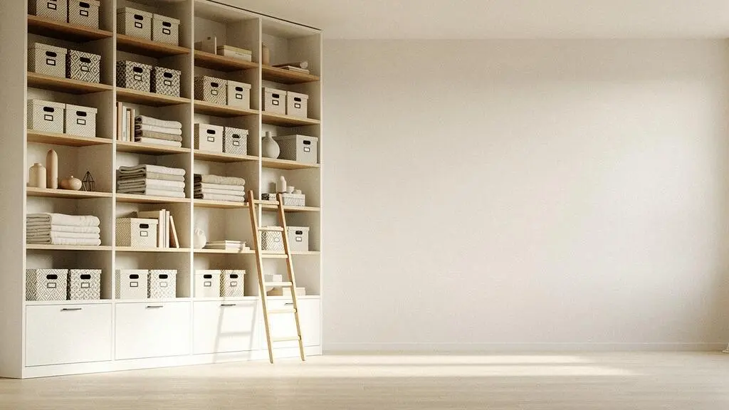 Salon con pared de armarios y estanterias que llegan hasta el techo, aprovechando el espacio vertical sin ocupar mas superficie de suelo