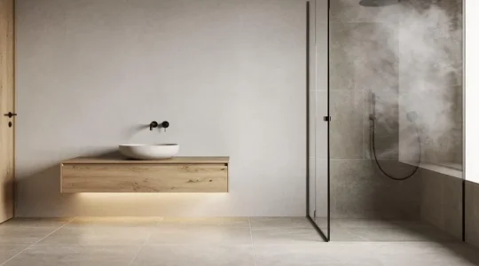 Cuarto de baño moderno y minimalista de estilo spa con mueble suspendido, ducha a ras de suelo y luz cálida