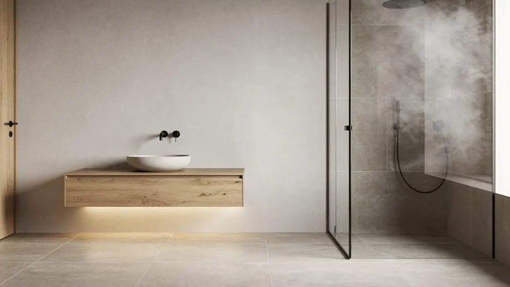 Cuarto de baño moderno y minimalista de estilo spa con mueble suspendido, ducha a ras de suelo y luz cálida