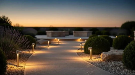 Camino de jardin con balizas solares encendidas iluminando el paso durante la noche