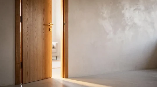 Puerta interior de madera maciza entreabierta en un pasillo minimalista con luz natural, simbolizando una elección de carpintería que aporta valor al hogar