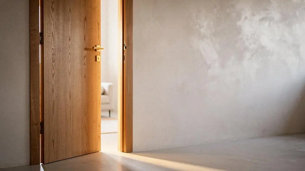 Puerta interior de madera maciza entreabierta en un pasillo minimalista con luz natural, simbolizando una elección de carpintería que aporta valor al hogar