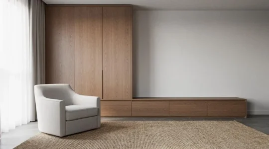 Salón contemporáneo con almacenamiento oculto integrado en muebles de diseño elegante
