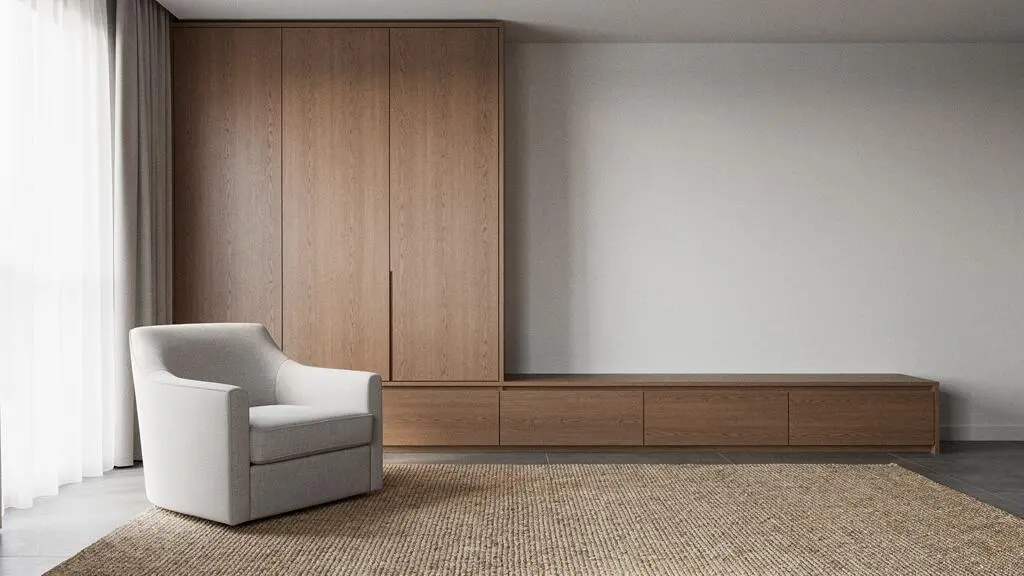 Salón contemporáneo con almacenamiento oculto integrado en muebles de diseño elegante