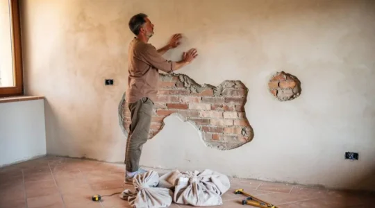 Persona observando y tocando con la mano un muro interior de una vivienda en reforma antes de decidir si se puede derribar