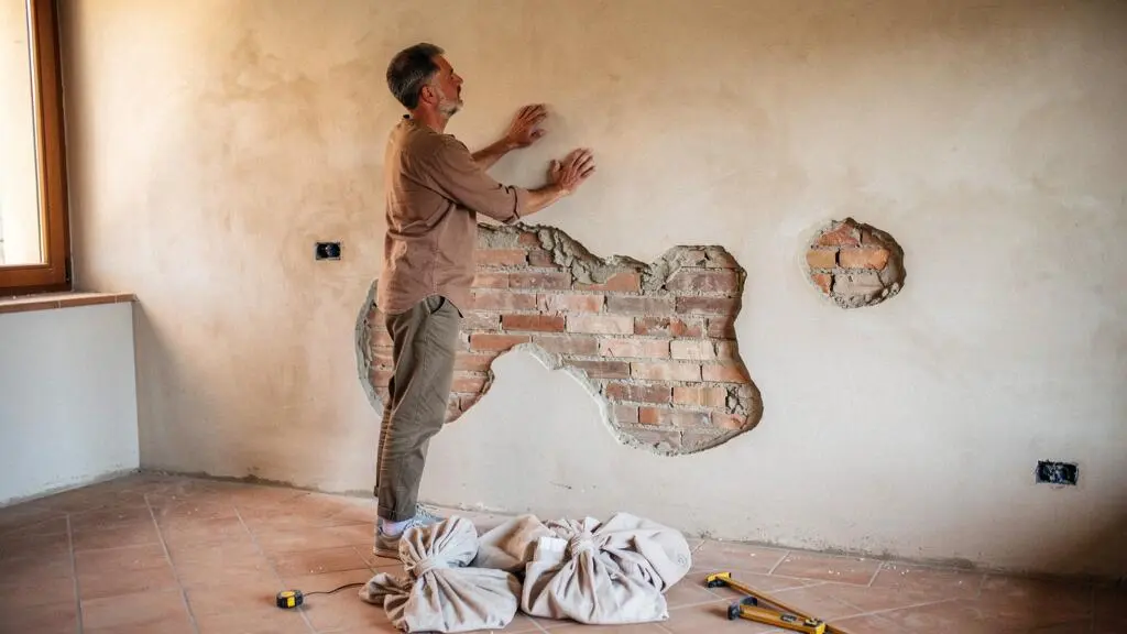 Persona observando y tocando con la mano un muro interior de una vivienda en reforma antes de decidir si se puede derribar