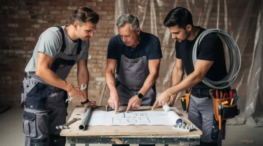 Fontanero, electricista y alicatador revisando juntos un plano de reforma en una vivienda en obras
