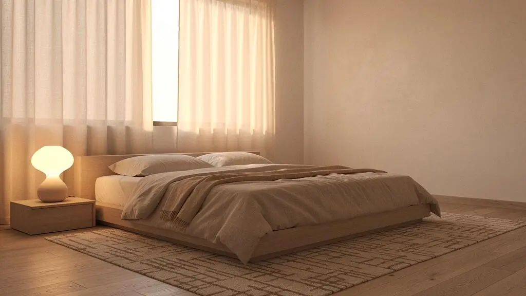 Dormitorio principal sereno y minimalista bañado en luz cálida natural, transmitiendo calma y descanso profundo