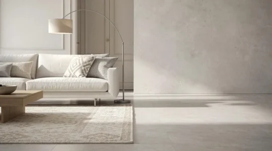 Salón luminoso y ordenado con espacio negativo intencionado, mobiliario cálido y textura natural que transmite calma y funcionalidad