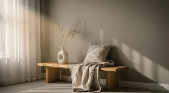 Salón minimalista cálido con luz natural, textiles naturales y un objeto personal como punto focal