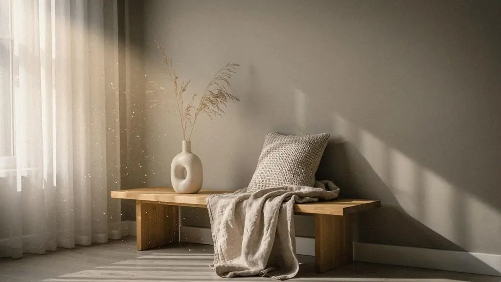 Salón minimalista cálido con luz natural, textiles naturales y un objeto personal como punto focal