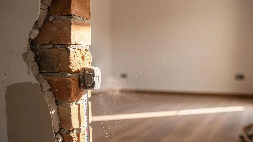 Persona examinando la textura de una pared de ladrillo visto junto a un muro enlucido durante el inicio de una reforma domestica