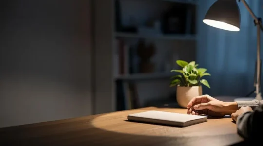 Escritorio en casa iluminado con luz focalizada cálida que ilumina el area de trabajo sin deslumbrar