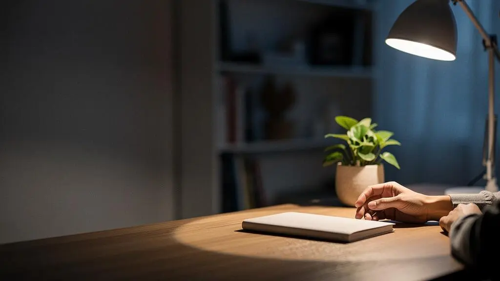 Escritorio en casa iluminado con luz focalizada cálida que ilumina el area de trabajo sin deslumbrar