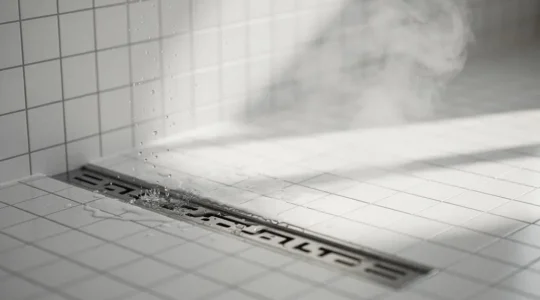 Cuarto de baño moderno con mampara de ducha y azulejos, simbolizando la barrera invisible de impermeabilización que protege contra filtraciones costosas