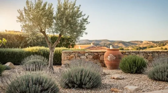 Jardín mediterráneo de estilo naturalista con lavanda, romero y un olivo centenario bañado por luz dorada, sin césped ni riego visible