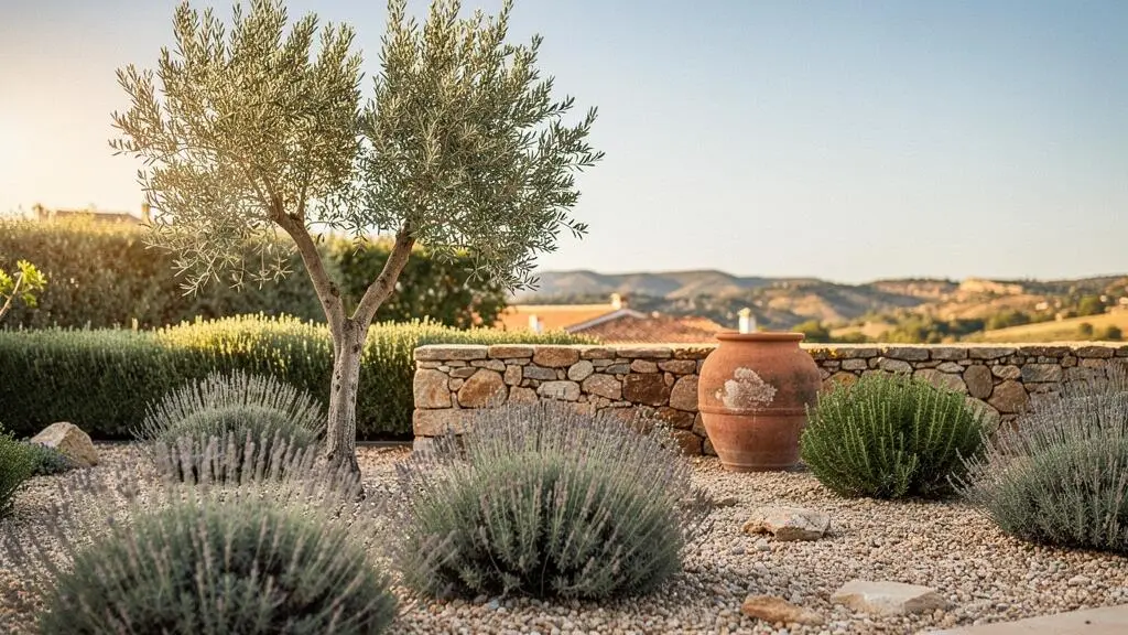 Jardín mediterráneo de estilo naturalista con lavanda, romero y un olivo centenario bañado por luz dorada, sin césped ni riego visible
