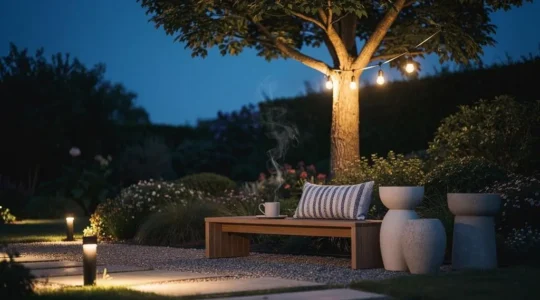 Jardin con iluminacion nocturna calida y estrategica que crea un ambiente acogedor al atardecer