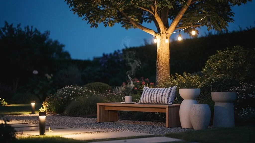 Jardin con iluminacion nocturna calida y estrategica que crea un ambiente acogedor al atardecer