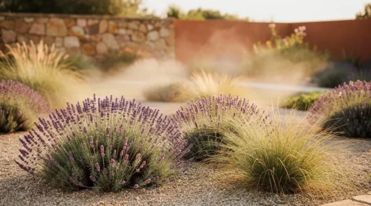 Jardín mediterráneo exuberante y de bajo consumo de agua bañado por luz dorada de amanecer