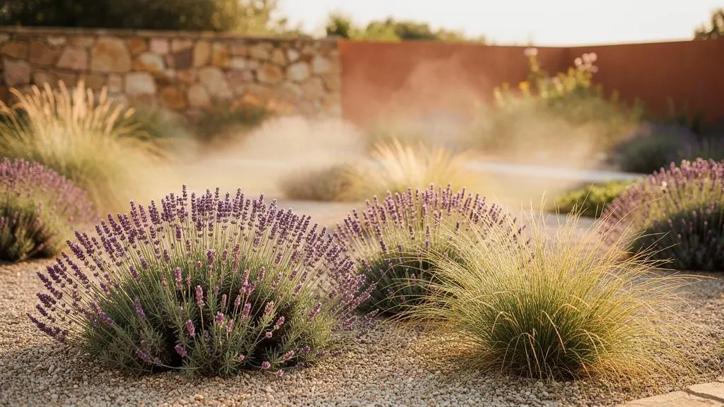 Jardín mediterráneo exuberante y de bajo consumo de agua bañado por luz dorada de amanecer