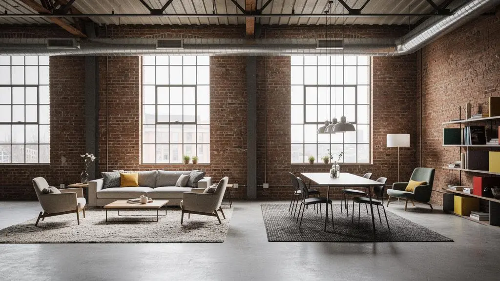 Loft amplio y luminoso zonificado con alfombras y mobiliario sin tabiques ni muros