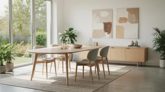 Salón moderno y luminoso con una mesa de comedor de tamaño proporcionado, dejando espacio de circulación despejado alrededor