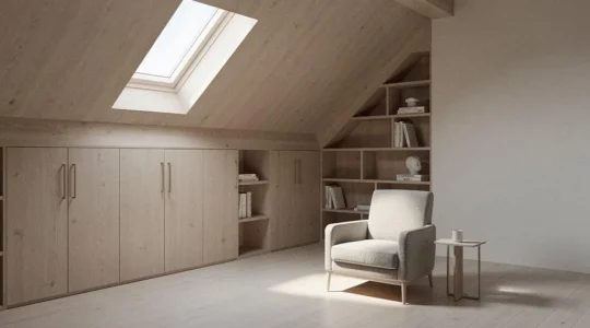 Salón buhardilla con mobiliario a medida integrado bajo un techo inclinado, con luz natural y espacio despejado