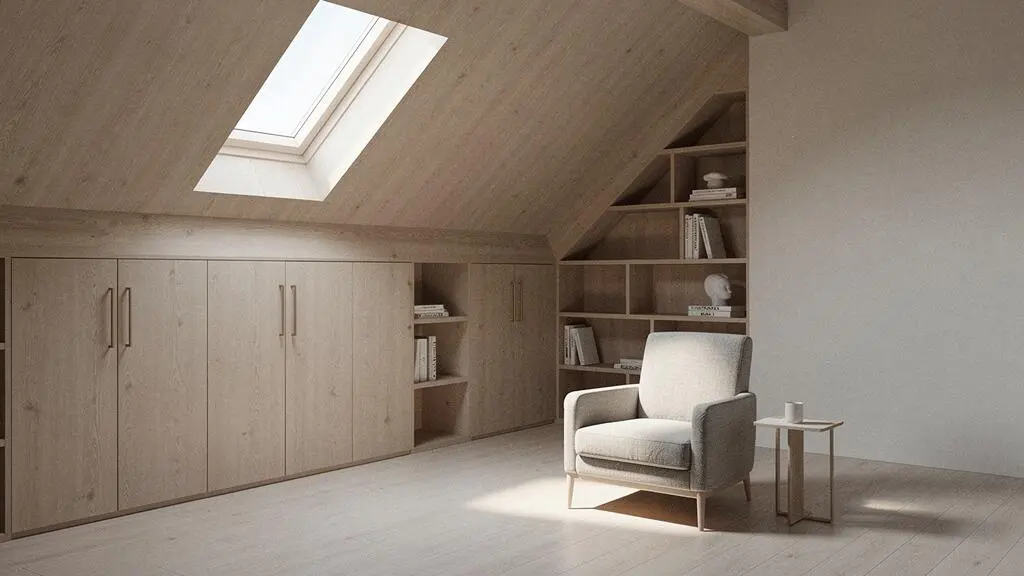 Salón buhardilla con mobiliario a medida integrado bajo un techo inclinado, con luz natural y espacio despejado