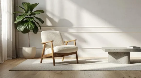 Salón contemporáneo luminoso con un sillón de diseño atemporal como pieza central, materiales nobles y luz natural