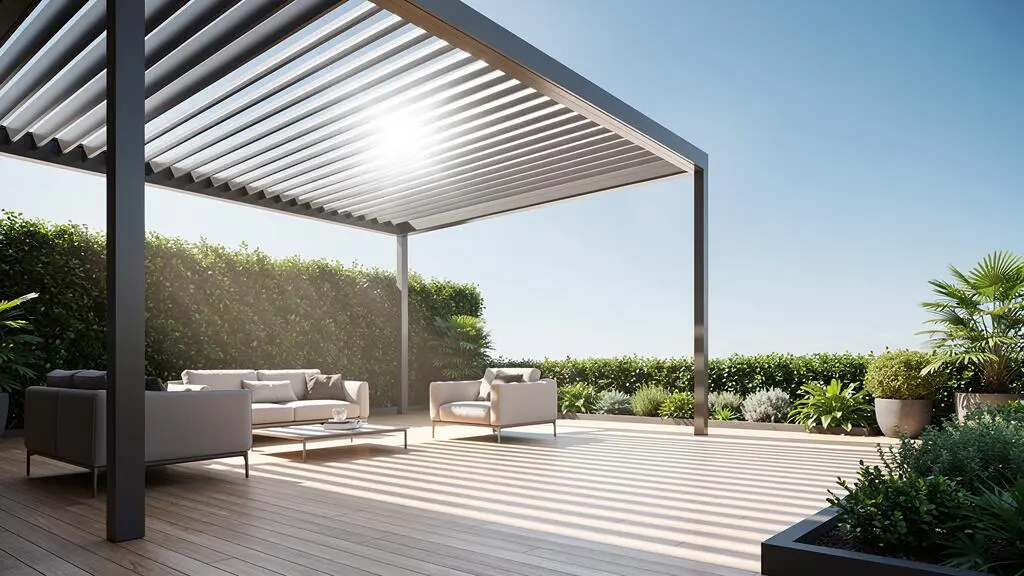 Pérgola bioclimática con lamas orientables abiertas proyectando sombra fresca sobre una terraza moderna en verano