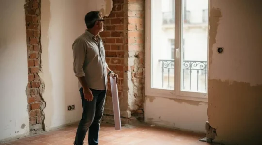 Persona revisando planos de una reforma junto a una ventana de un edificio residencial europeo, simbolizando la planificación legal antes de iniciar obras en casa