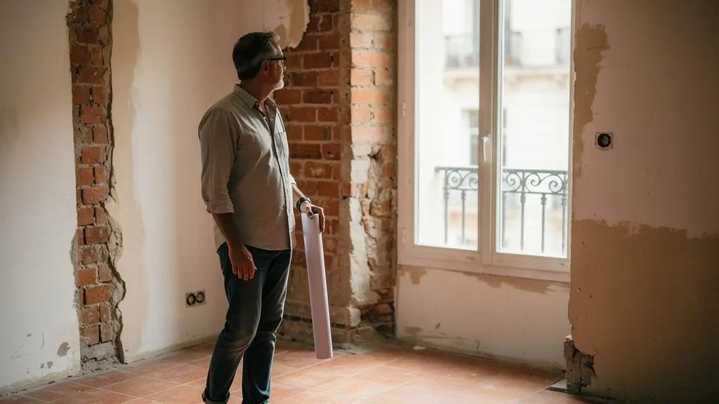 Persona revisando planos de una reforma junto a una ventana de un edificio residencial europeo, simbolizando la planificación legal antes de iniciar obras en casa