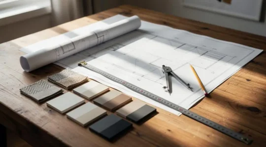 Mesa de trabajo con planos arquitectónicos, muestras de materiales y herramientas de medición para una reforma detallada
