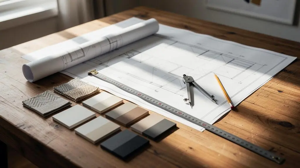 Mesa de trabajo con planos arquitectónicos, muestras de materiales y herramientas de medición para una reforma detallada