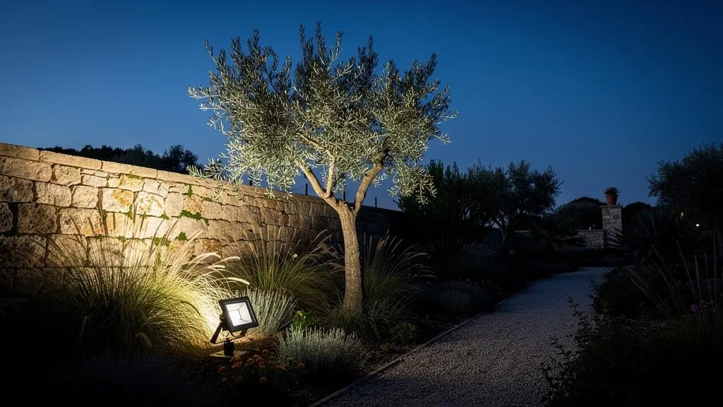 Proyector LED exterior iluminando de forma cálida y controlada un jardín al anochecer sin deslumbrar