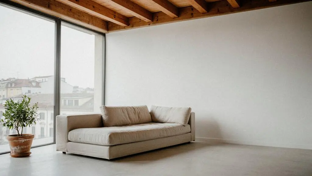 Salón minimalista contemporáneo con gran ventanal, luz natural y mobiliario sencillo en una reforma de bajo presupuesto
