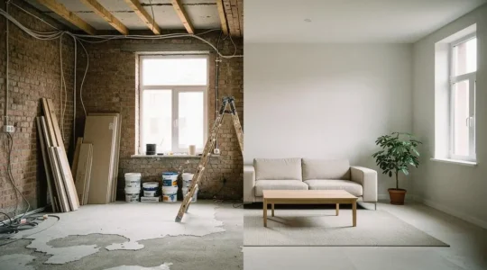 Vivienda de 80 metros cuadrados en plena reforma integral, con estructura vista y luz natural, simbolizando la planificación equilibrada del presupuesto