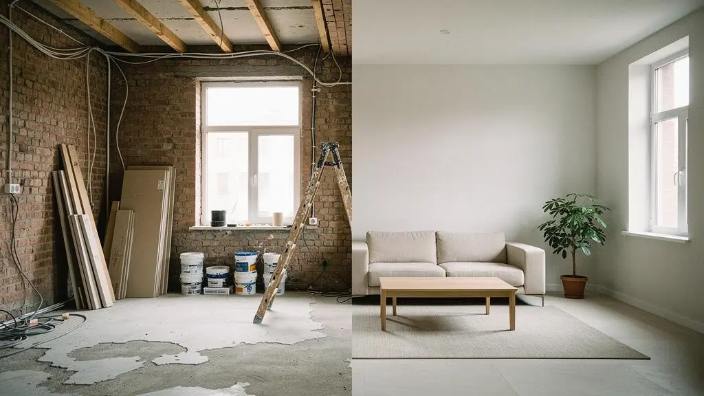 Vivienda de 80 metros cuadrados en plena reforma integral, con estructura vista y luz natural, simbolizando la planificación equilibrada del presupuesto
