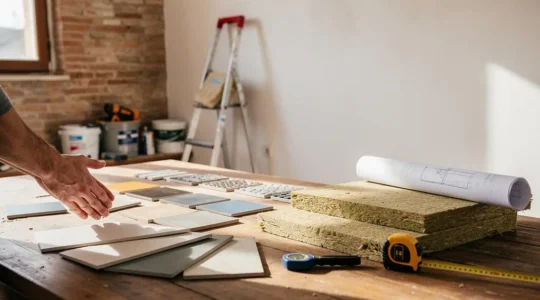 Pareja revisando los planos de una reforma de vivienda con herramientas y materiales de construcción sobre una mesa de madera
