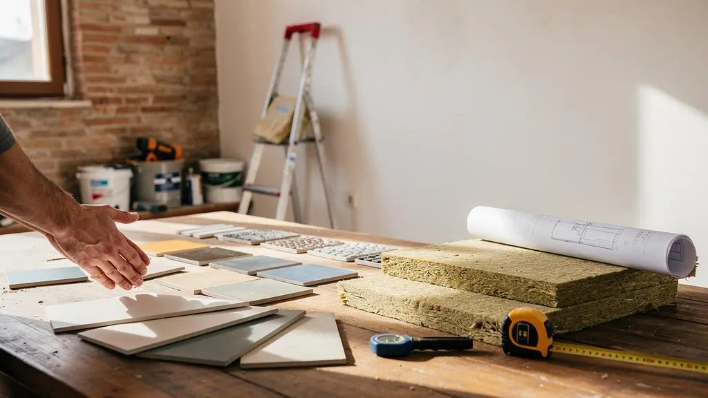 Pareja revisando los planos de una reforma de vivienda con herramientas y materiales de construcción sobre una mesa de madera