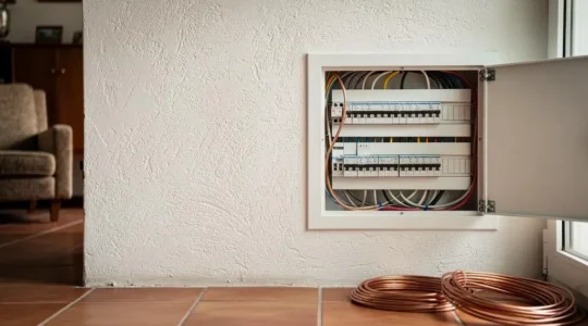 Cuadro eléctrico moderno instalado en el hueco de una pared de una vivienda con estética de los años 70, simbolizando la renovación segura de la instalación eléctrica.