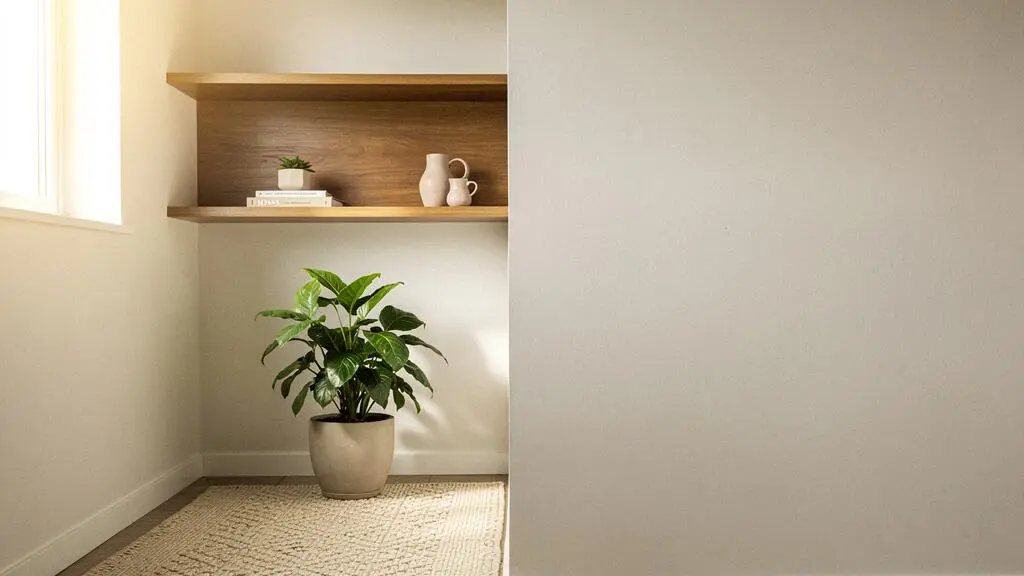 Rincón antes desaprovechado del hogar transformado en un pequeño espacio funcional con estantería integrada y luz natural