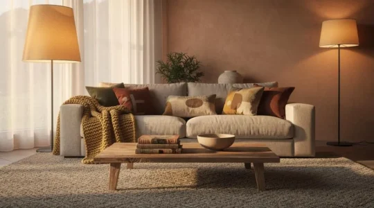 Salón acogedor con luz cálida, textiles superpuestos y una gran alfombra que centra el espacio, invitando al descanso