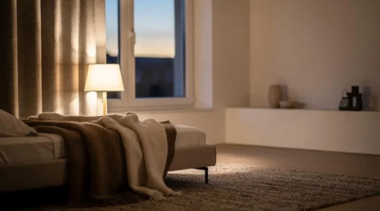 Dormitorio acogedor y luminoso que transmite calma acústica, con cortinas gruesas y textiles cálidos, sin elementos de aislamiento visibles