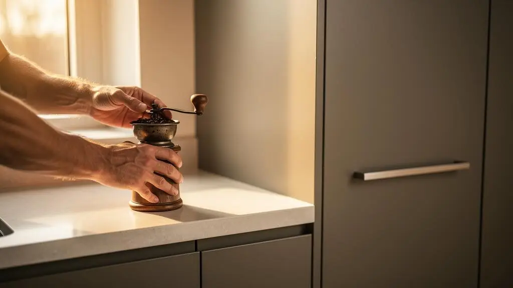 Cocina moderna y luminosa con un único electrodoméstico esencial en uso sobre una encimera despejada, reflejando una elección consciente del hogar