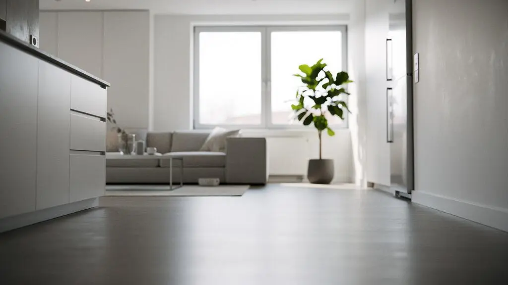 Suelo continuo de microcemento sin juntas que unifica visualmente la cocina y el salón de una vivienda moderna