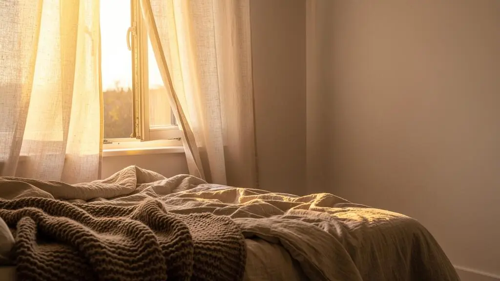 Dormitorio luminoso con cortinas de lino, ropa de cama de algodón orgánico y una manta de lana gruesa creando una atmósfera cálida y natural