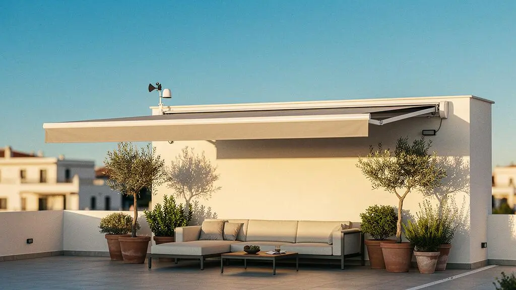 Terraza moderna con un toldo motorizado desplegado y un sensor de viento instalado discretamente en la fachada